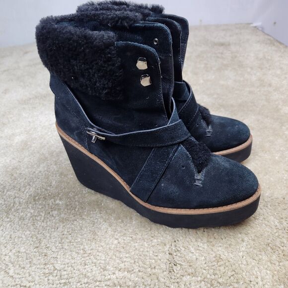 Coach Kenna Wedge Boots Booties Suede Shearling Black Buckle Size 7.5 B Ankle - Picture 1 of 8